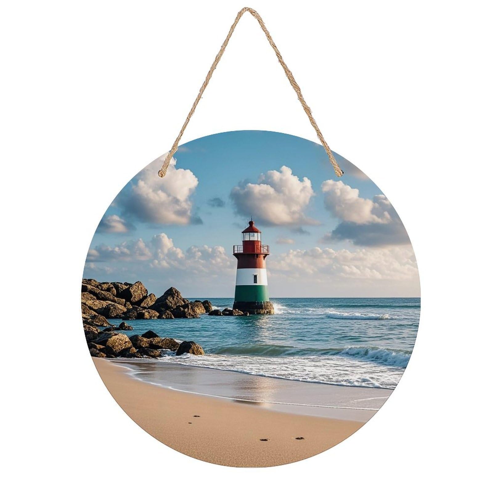 FekiLoot Round Sea Lighthouse Sandbeach Wall Art Decor Painting Wooden Hanging Sign with Ropes Bohemian Wall Hanging Retro Mid Century Modern Wall Art for Home Bedroom Living Room 7.9x7.9 in