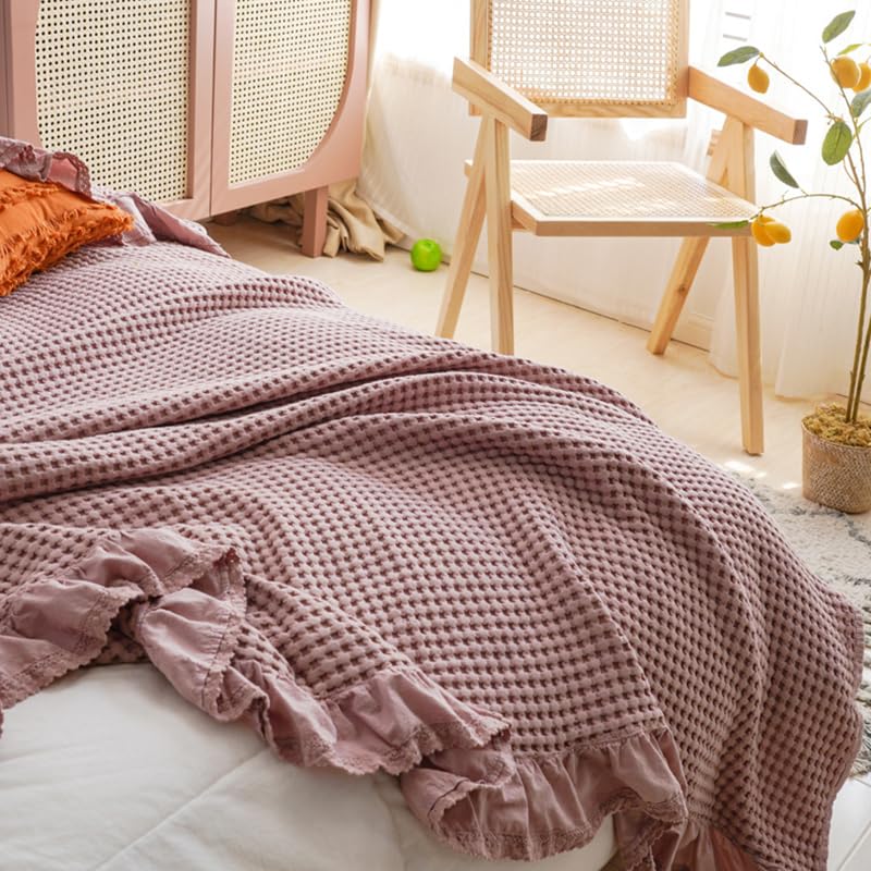 Waffeldecke aus 100% Baumwolle, Rosa, 200x230 cm, mit Rüschen, Ganzjahresdecke für Bett und Sofa (Nussbraun‑Rosa, 200 * 230cm)