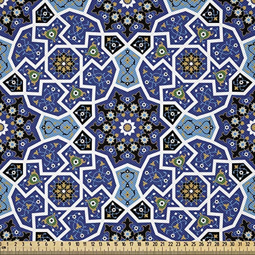 ABAKUHAUS Östliches Blumenmuster Stoff als Meterware, Mediterrane Blume, Seidiger Satin Stoff für Polster Heimtextilien, 1M (160x100cm), Königsblau