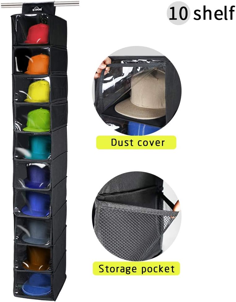 B.SHINE Hanging Hat Racks – 10-Shelf Cap Organizer for Closet, Upgraded Version with Clear Dust Curtains and Side Mesh Storage Pockets, Display Cap Rack (10-Shelf Black)