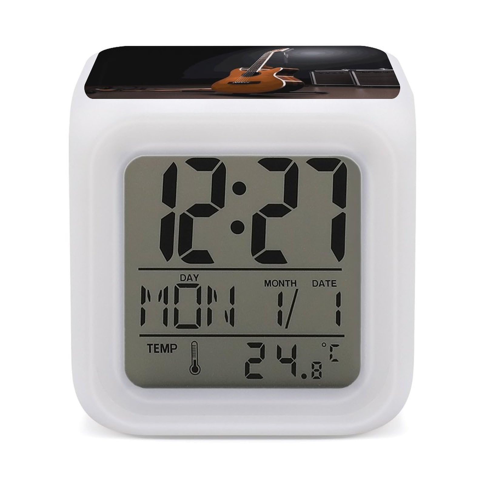 FekiLoot Musical Instrument Guitar Alarm Clock with 7 Color Changing Night Light,Battery Operated Digital Clocks with Temperature Display Tiny Electric Clock LED Sleep Timer for Room Decor