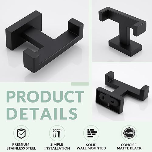 Miniatura 5 de APLusee Paquete de 2 ganchos dobles para toallas de baño, soporte cuadrado de doble capa de acero inoxidable sólido, moderno para baño y cocina,