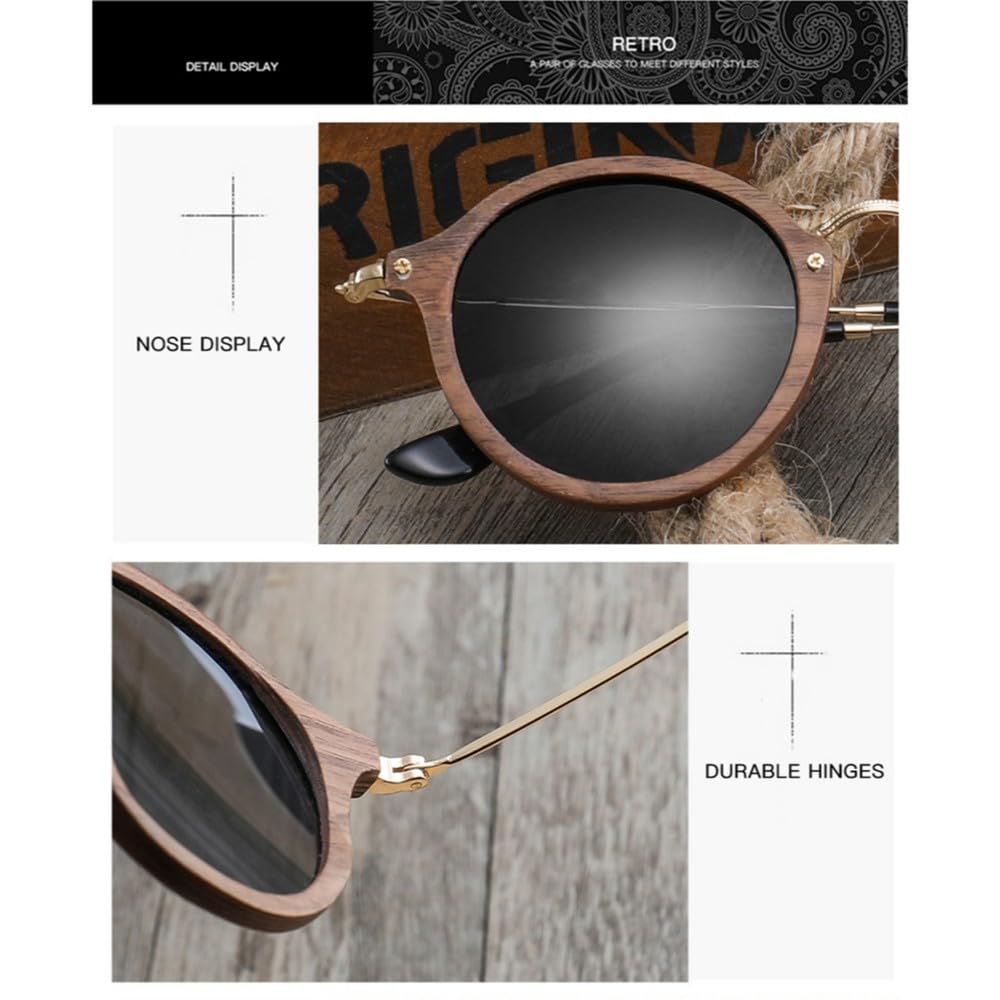 Ultraleichte Damen Herren Polarisierte Sonnenbrille Holz Rundrahmen