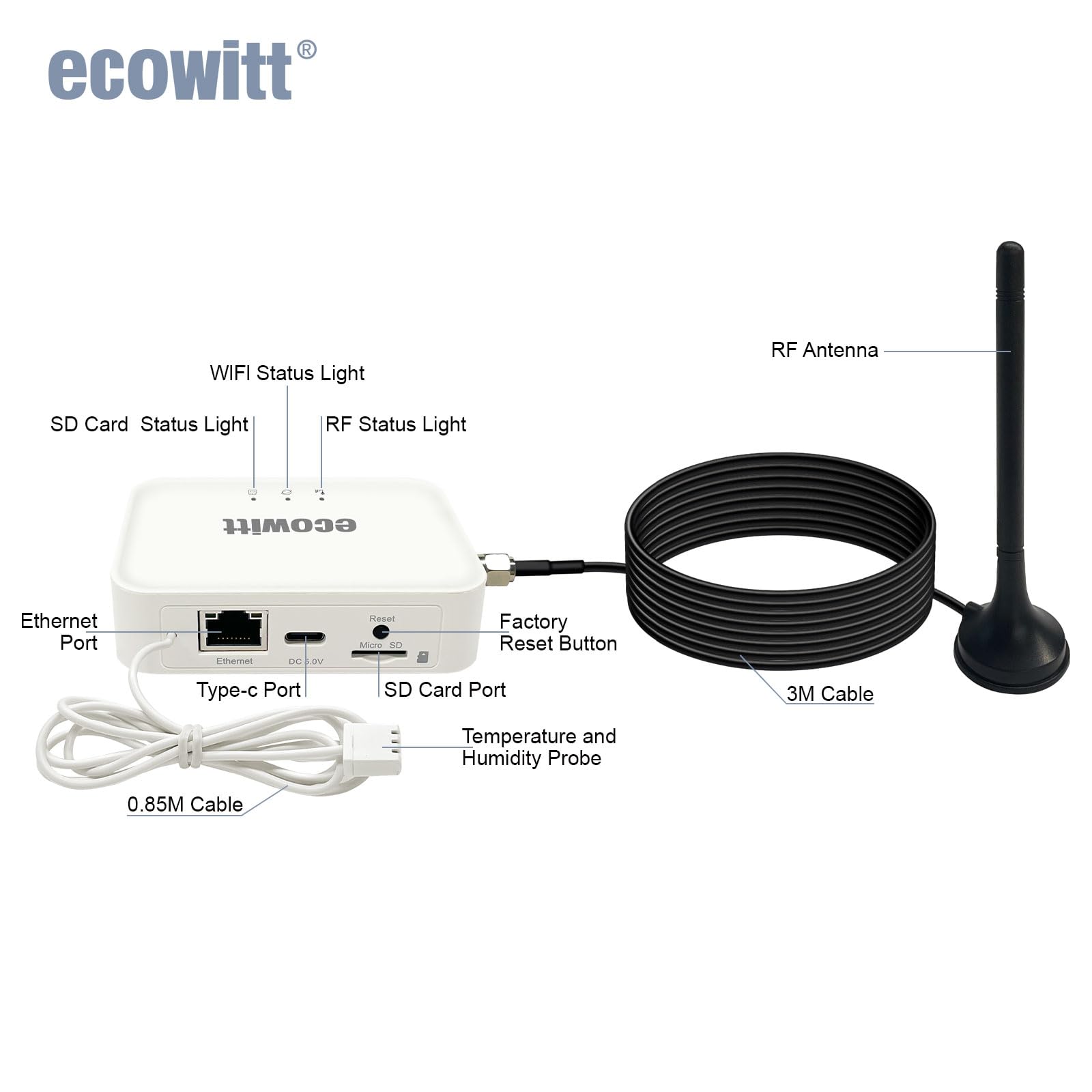 ECOWITT GW3011 GW3010 Stazione meteo 3 in 1 gateway WiFi con sensori temperatura umidità pressione barometrica e porta SD