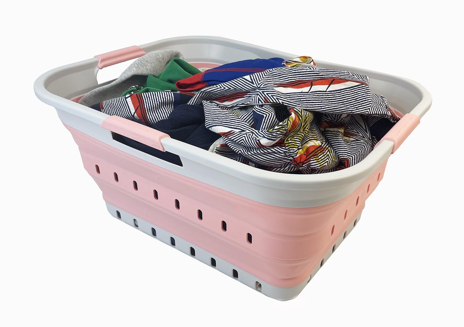 SAMMART 42L Collapsible Plastic Laundry Basket - Foldable Pop Up Storage Container/Organizer - Space Saving Hamper/Basket (Grey/Quartz Pink)