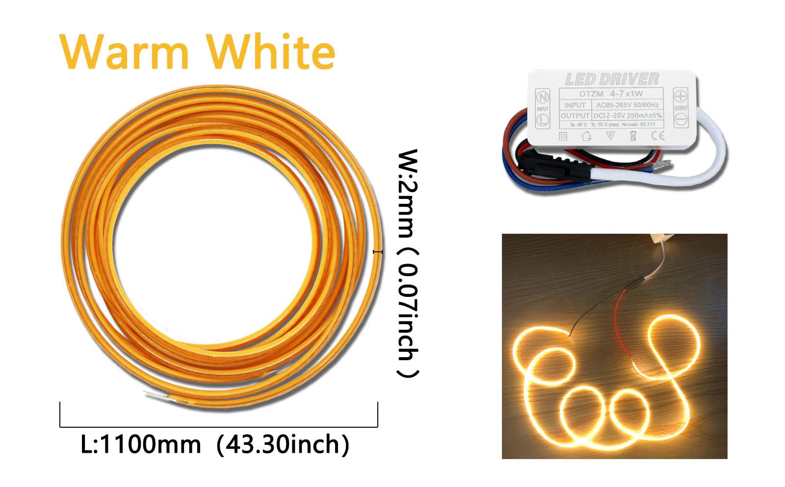 Blanco Cálido, Azul, Rojo, Verde, 1200mm, LED DriverAC220V, Filamento De Bombilla Edison, Tira De LED, Diodo Incandescente, Filamento Flexible DIY,Cálido 2200K