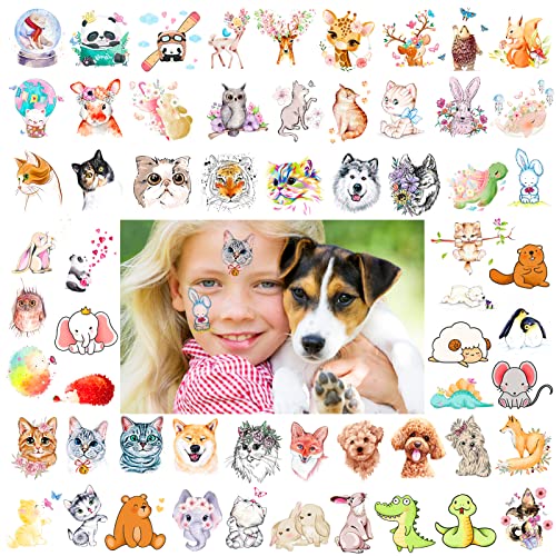 Qpout 60 feuilles de tatouages temporaires d'animaux pour enfants, zoo Faux tatouages d'animaux de la jungle, autocollants imperméables de tatouage bande dessinée pour décoration fête d'anniversaire Cover