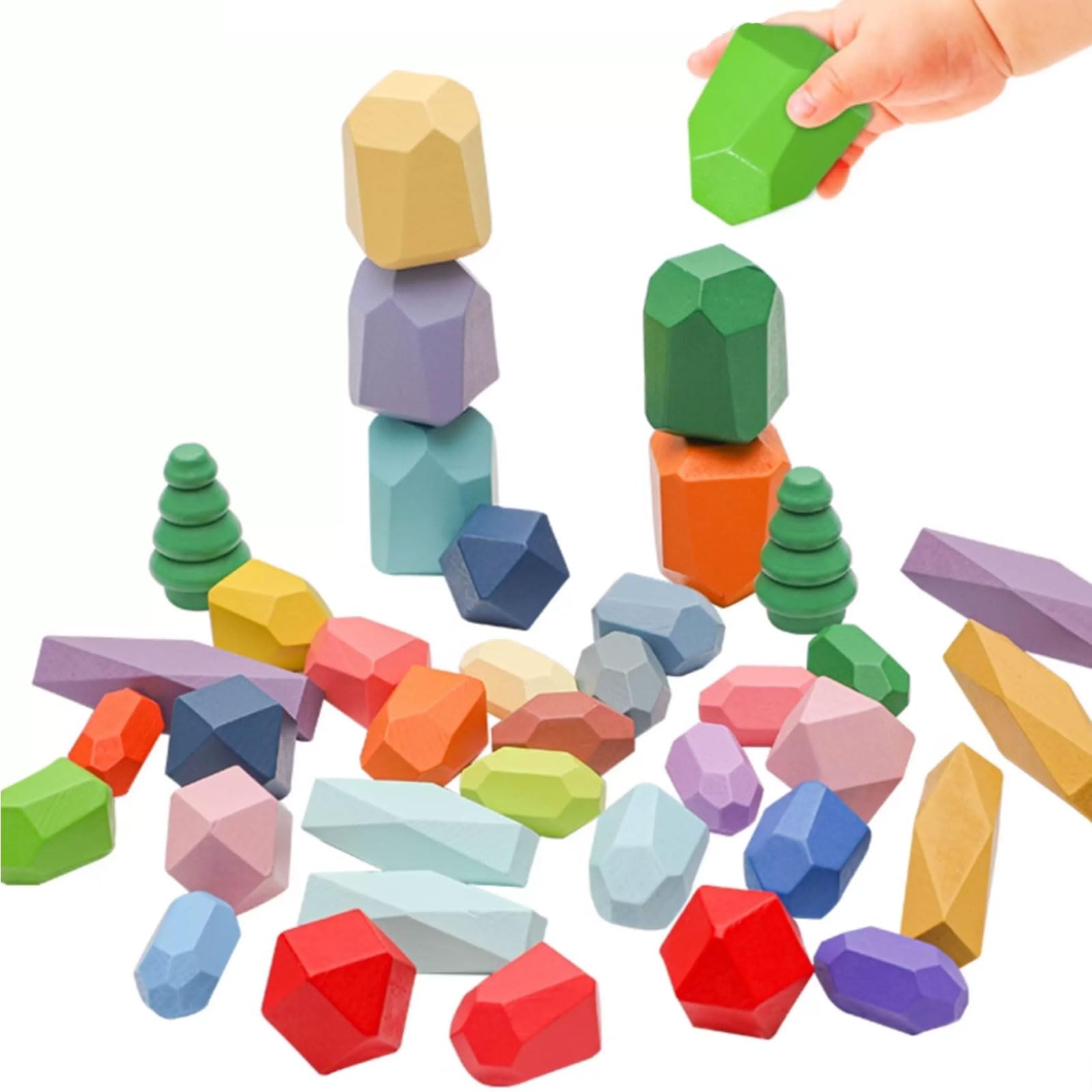 Bloques Equilibrio Madera Montessori con Piedras Apilables Arcoíris | Juego apilamiento piedras coloridas estilo nórdico, juguete educativo sensorial, bloques construcción