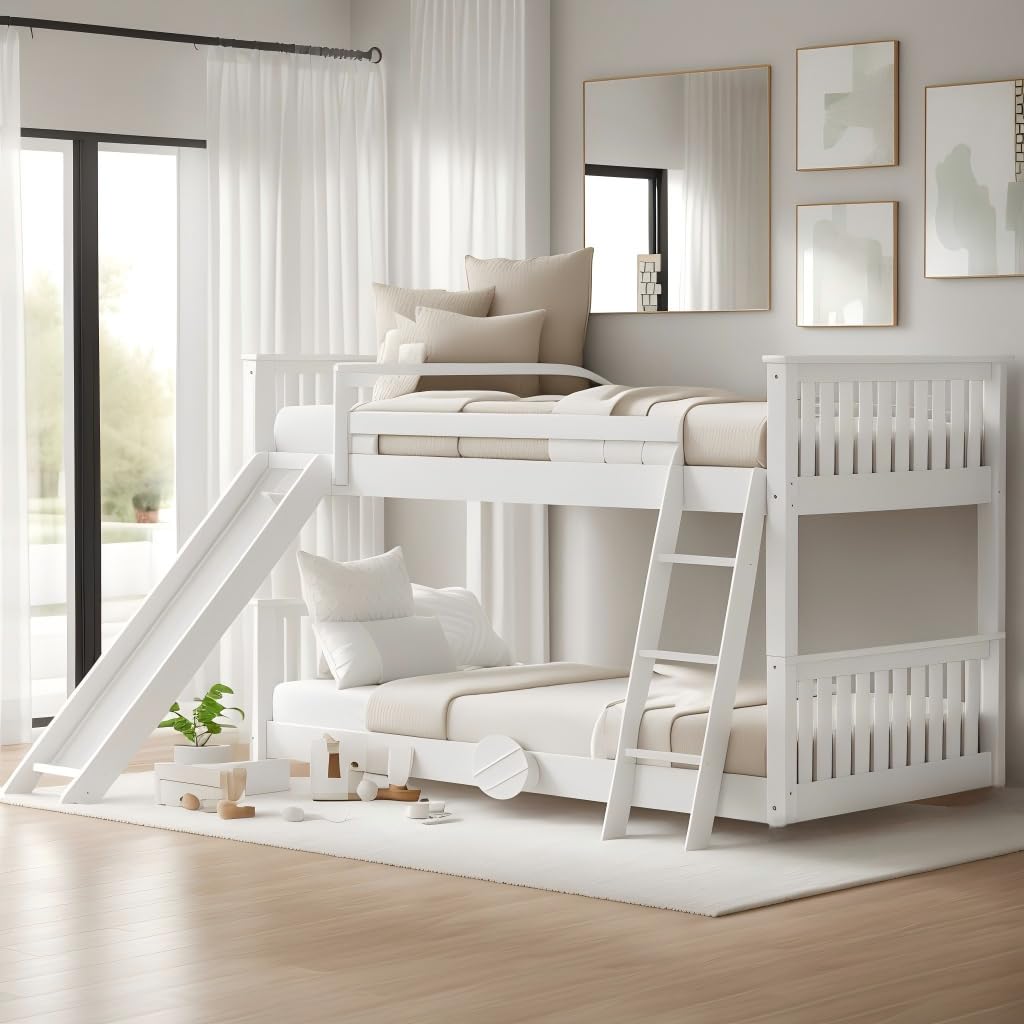 View 1 of ***PARTIAL SET*** DNYN Twin Over Twin Bunk Bed with Slide for Kids Bedroom,Solid Wood Floor Bunkbeds for Boys and Girls,Easy Assembly & No Box Spring Needed & Space Saving Design, White