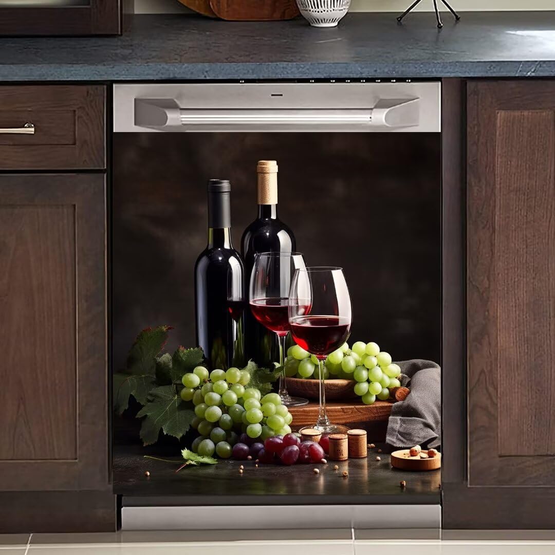 Red Wine Glass Magnet Dishwasher Skin Panel Decal, Wine Bottle Dishwasher Magnet Cover for The Front, Grape Magnetic Refrigerator Panel Cover 23" x 26" Magnetic