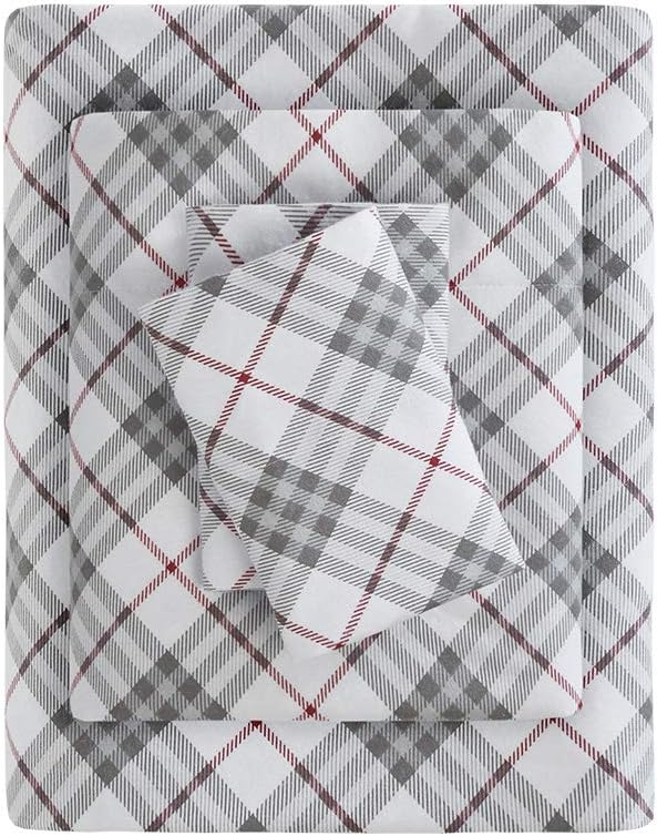 Sleep Philosophy True North Cozy Flannel Warm 100% Cotton Sheet - Novelty Print Animals Stars Cute Ultra Soft Cold Weather Bedding Set, Twin XL, Red Plaid 3 Piece