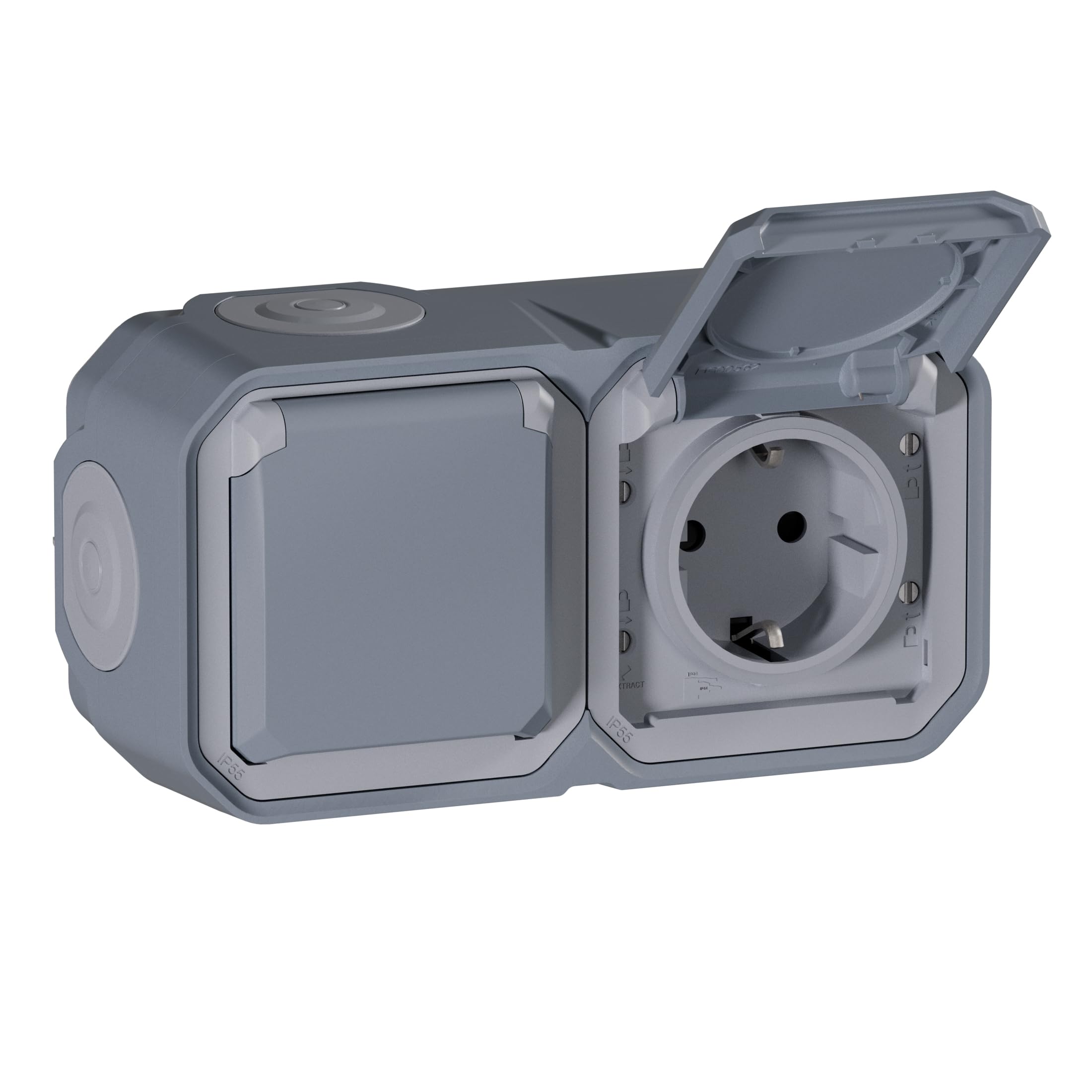 Legrand - Enchufe Doble 2P+T 16A con contacto lateral de tierra - Plexo - Estanco IP55 - Montaje en superficie - Gris - 069742LE