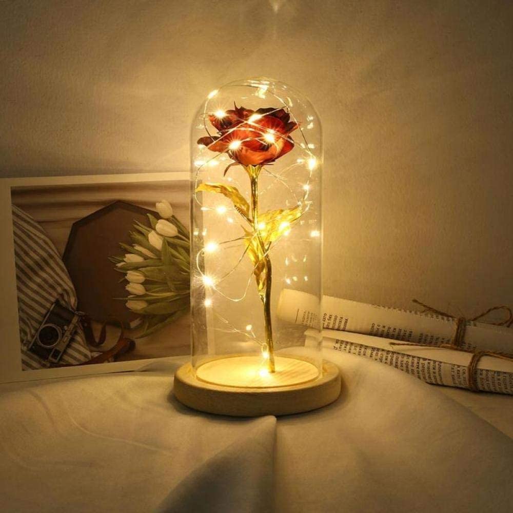 Dome Led Light, złota folia Rose 20 Led pozłacana czerwona róża ze światłem LED w szklanej kopule 22 * 11,4 cm 1 wieczna róża (4) (kolor: 2) (3)