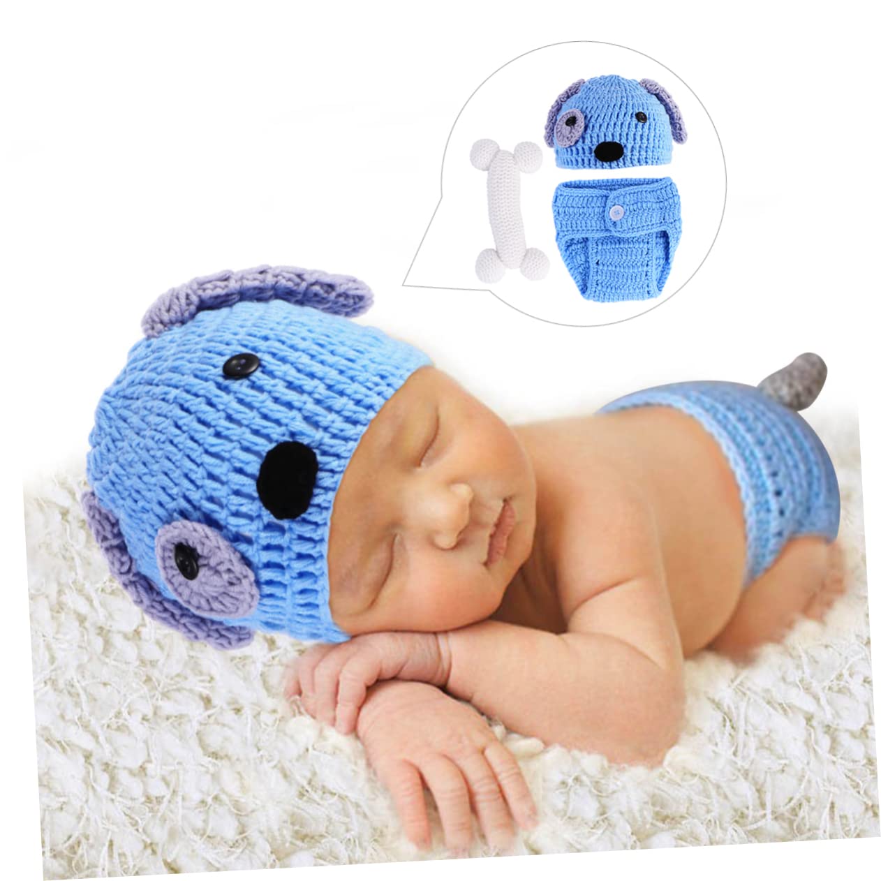 Hemobllo Ropa De Tejida Mano Para Fotografía De Con Diseño De Perrito Sombrero Pantalones Cortos Accesorios Para Fotografía De Recién Nacidos Azul