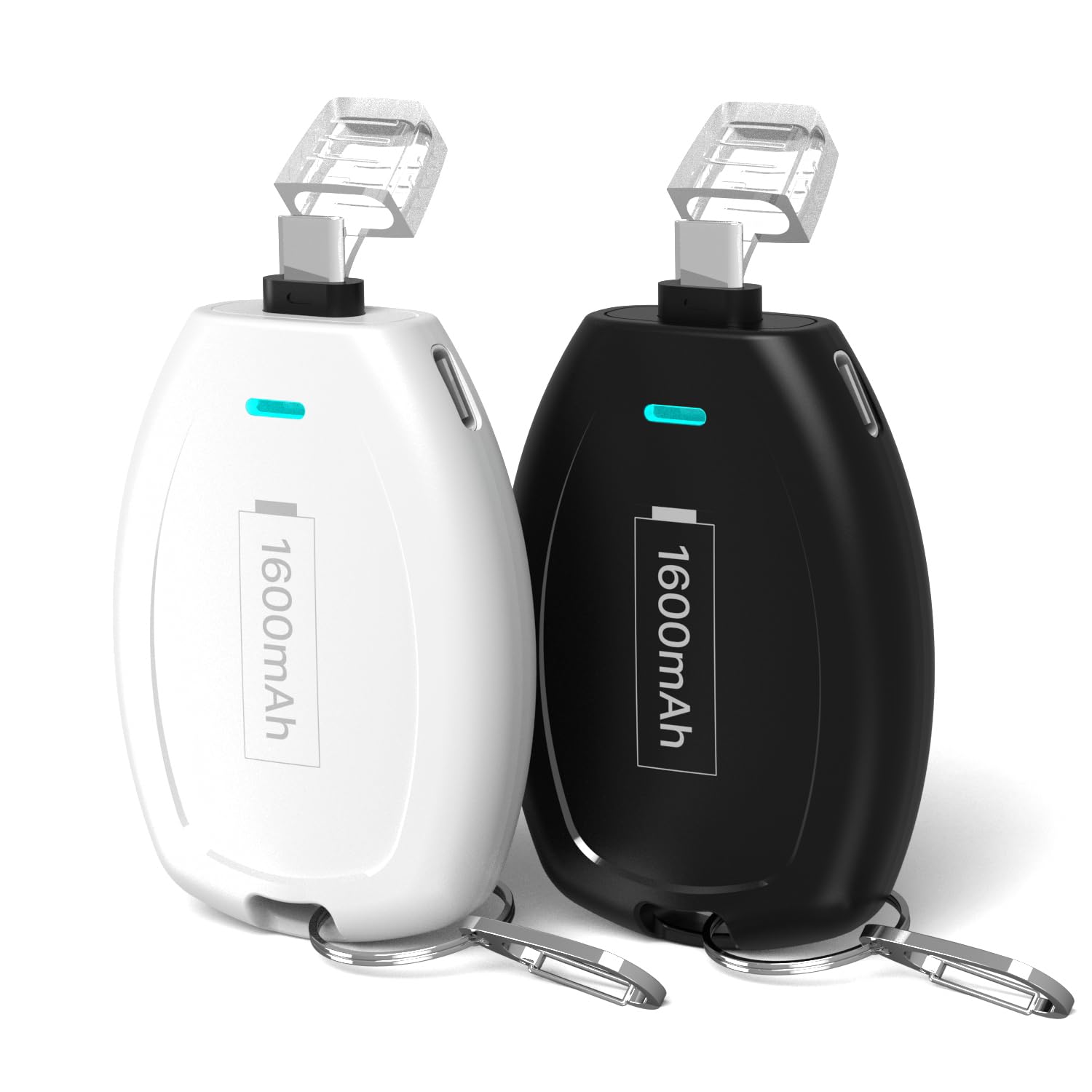 HUAENG 2-Pack USB-C Keychain Portable Charger, 1600mAh Mini Power Bank Ultra-Compact Battery Pack Power pod Keyring for iPhone 17/16/15 / Android Type-C Phones Galaxy, Pixel, Moto etc-Black&White