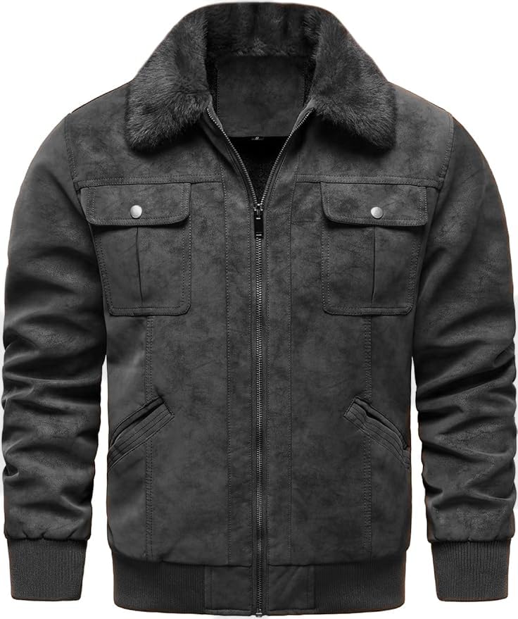 Blaq Ash Men's Faux Suede Bomber Jacket, Fur Collar, Fleece Linin...
