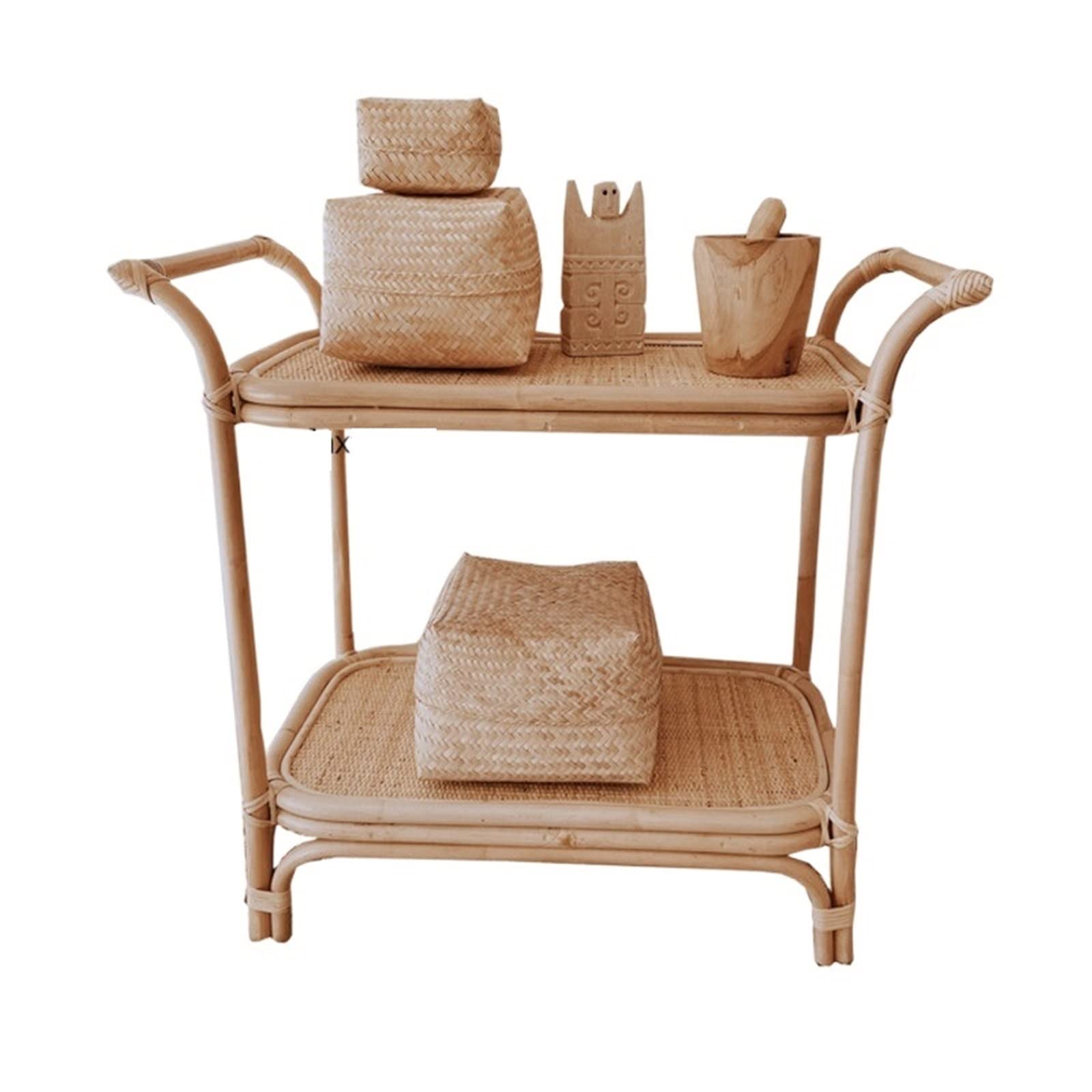 WADRI Dollies With Wheels Kitchen Trolley Rattan Racks Wicker Shelf Design Side Cabinets Double-layer Finishing Storage Study Bookcase Shelf