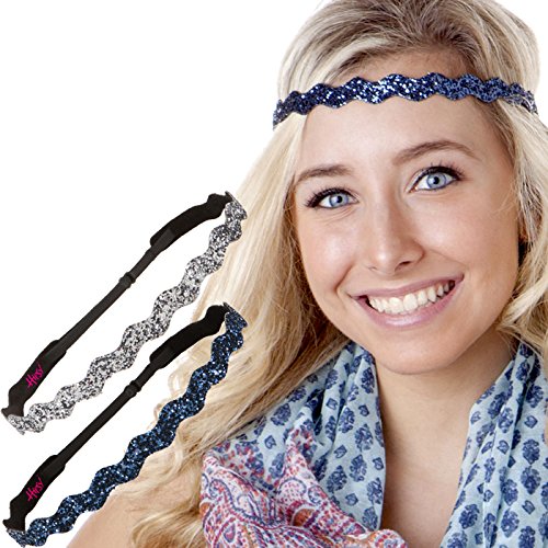 Hipsy Adjustable NO Slip Bling Glitter Forehead Headbands for Women Girls & Teens (Wave Gunmetal & Navy Blue 2pk)
