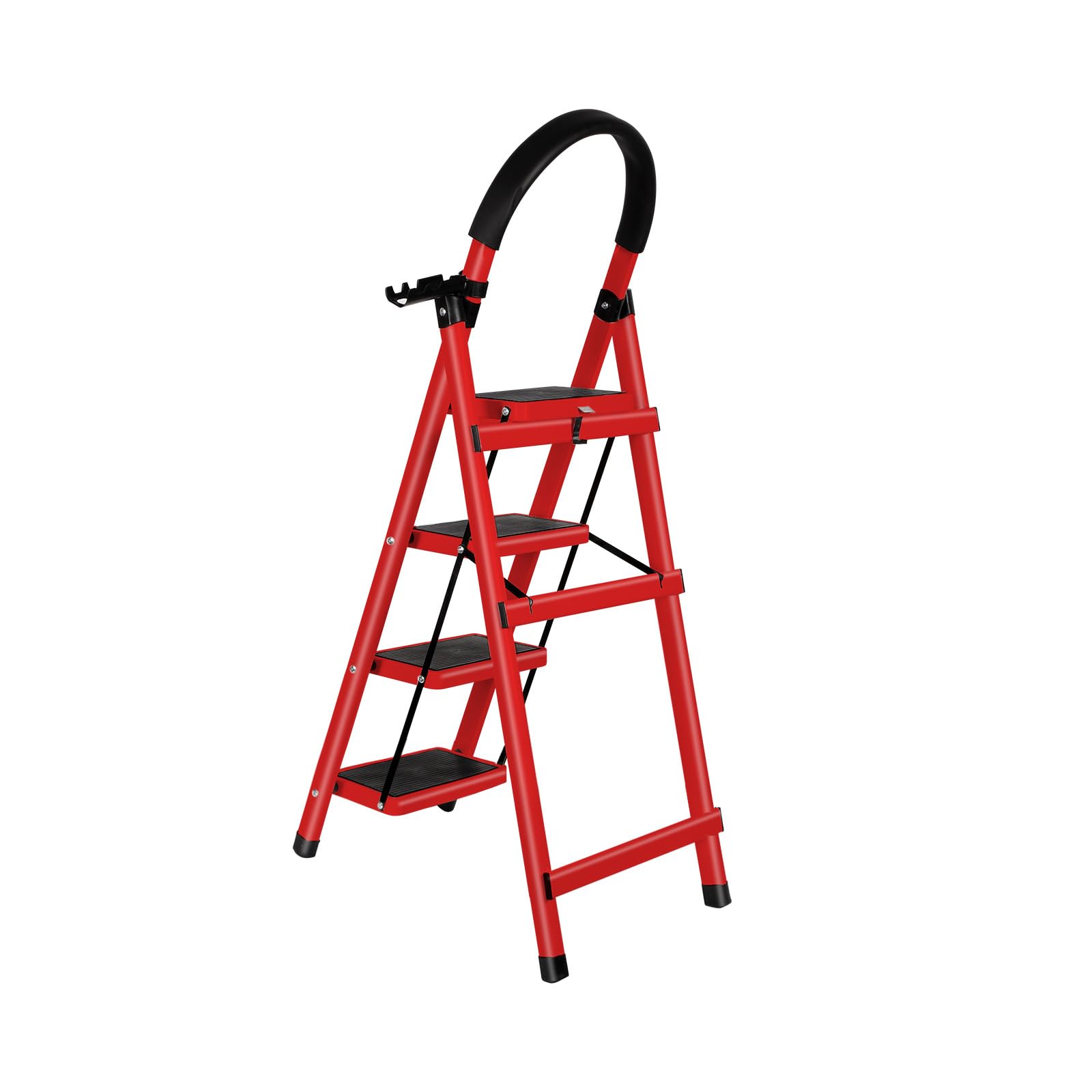 Escabeau Ménager 4 Marches en Aluminium avec Mains Courantes 150 KG Escabeau en Aluminium Echelle Multifonctions pour Maison et Bureau-133 x 74 x 39 cm - 4 marches (Rouge)