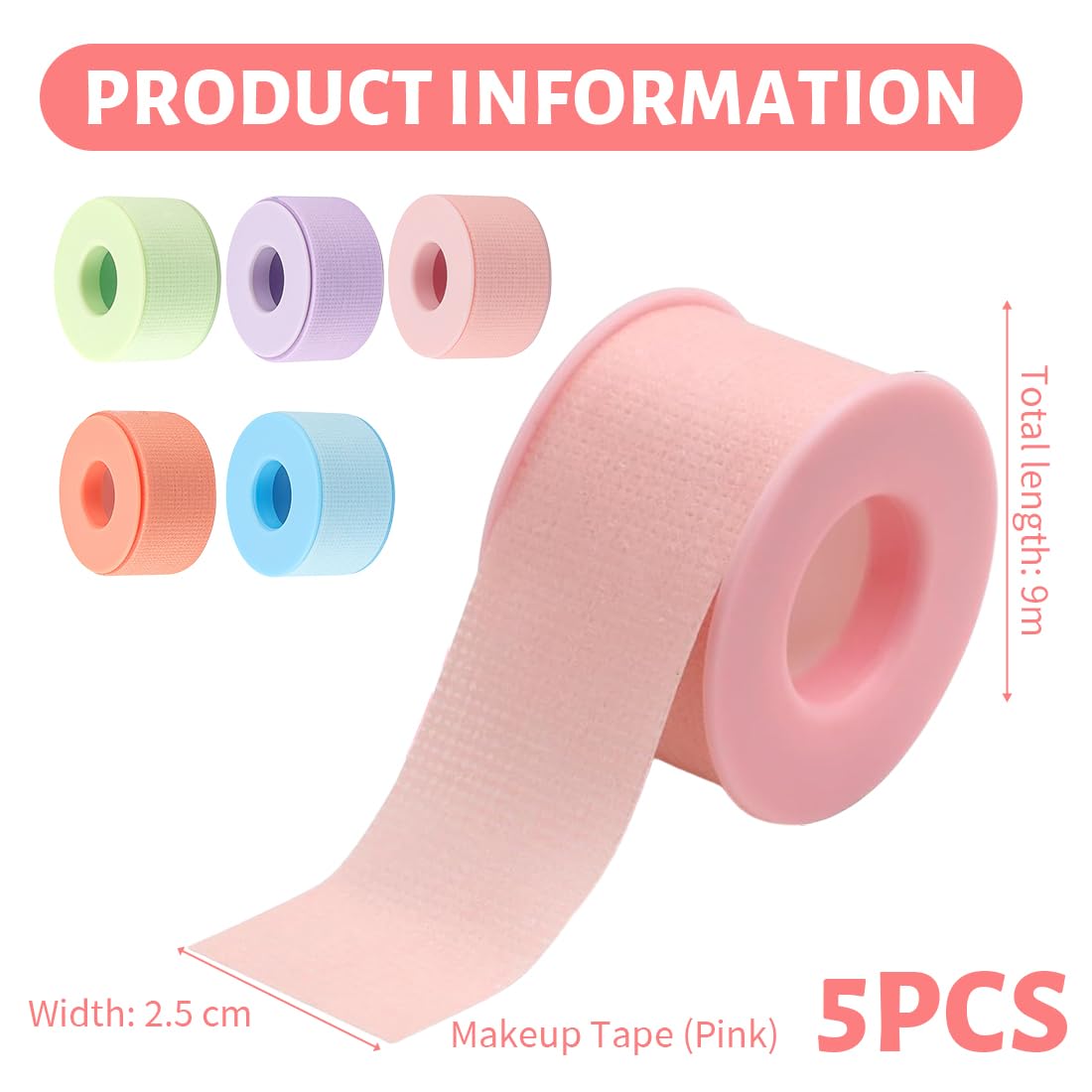 5 Piezas Cinta Cosmética Cinta De Maquillaje Transpirable Cinta Cosmética De Sombras Precisa Accesorio De Maquillaje Para Maquillaje De Ojos Cejas Extensiones Pestañas 2,5cm x 9m (5 Colores)