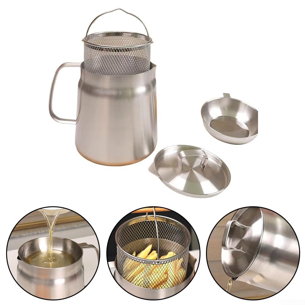 Contenitore per Olio, in Acciaio 304, con Filtro per Olio, Piccola Padella con Rete per friggere per casa e Cucina (2 L)