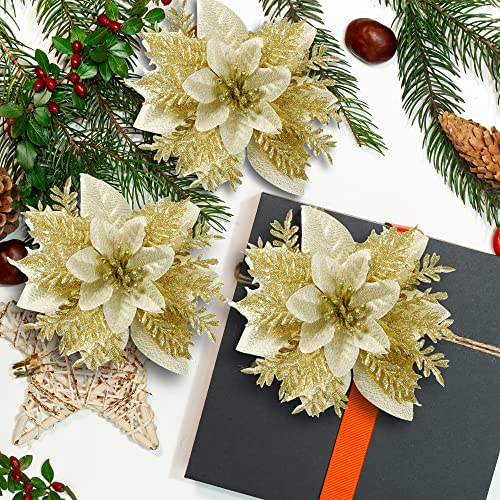 Sggvecsy 24 Pcs Christmas Glitter Poinsettia Flowers Christmas Tree Ornaments Artificial Christmas Flowers Decorations With Clips For Xmas Holiday Wedding Party Wreath Floral Decorations (Glod) #TOP3