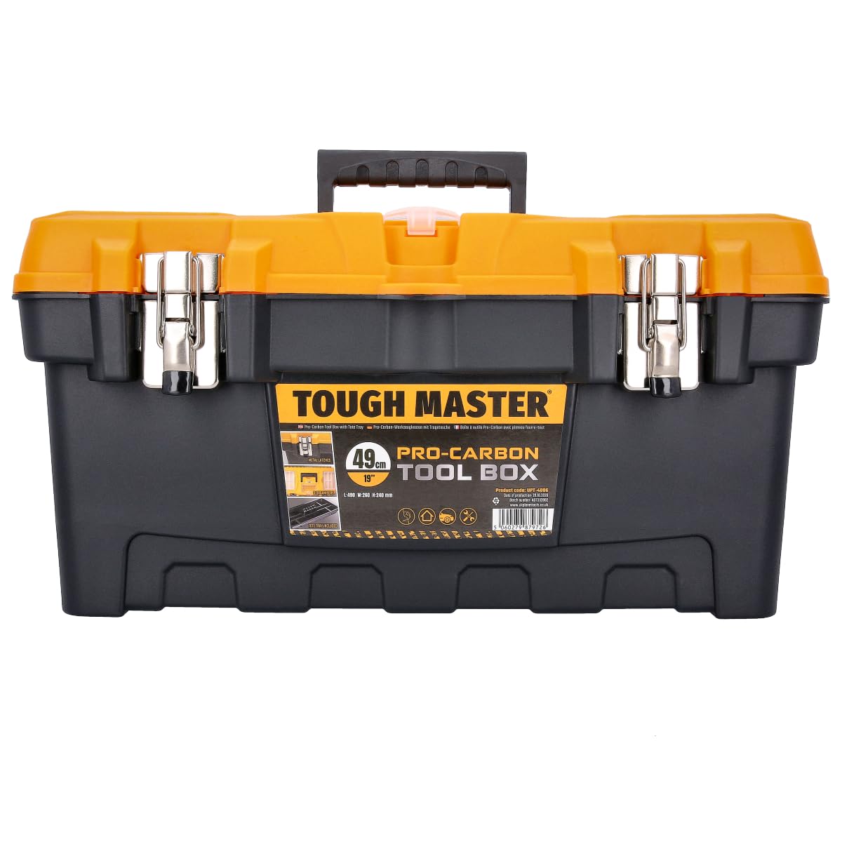 Tool Box 19" Inch 49x 26x 24cm Professional Heavy Duty DIY Large Portable Mobile Tool Chest Storage Organiser with Removable Tote Tray Black & Yellow TOUGH MASTER (Pack of 1)