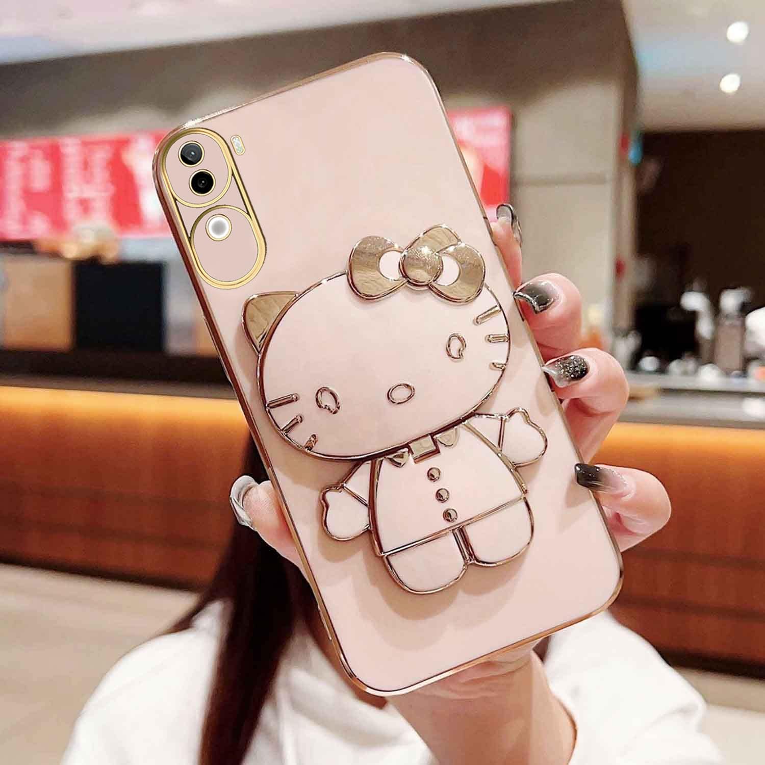 KC Back Cover for Vivo V40e 5G / iQOO Z9s 5G - Hidden Mirror Hellow Kitten Folding Bracket Kickstand Electroplated Soft Silicone New Camera Protection Case - Pink