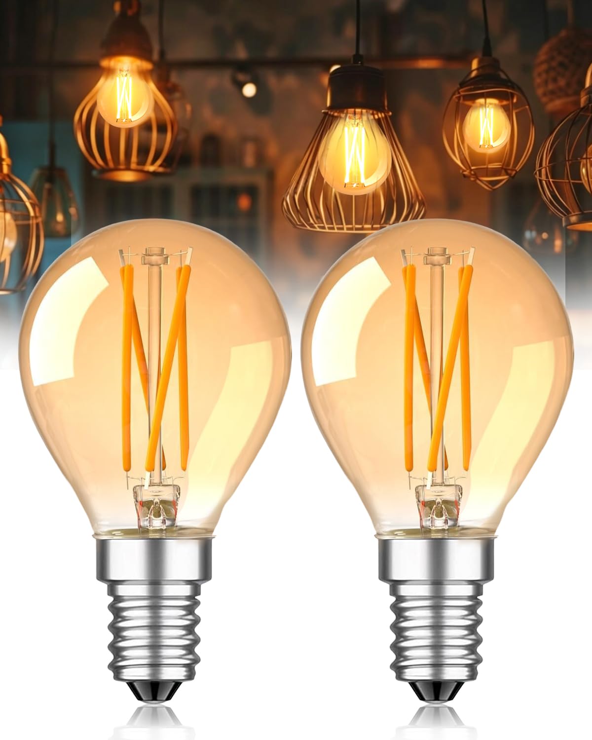 Lamptobe Dimmable E14 Golf Ball LED Bulb Warm White 2700K, 4W LED Filament Equivalent 40 Watt, 276LM, AC 230V, Retro Amber Glass Mini G45 SES E14 Bulb for Home Decorative Chandelier, 2-Pack