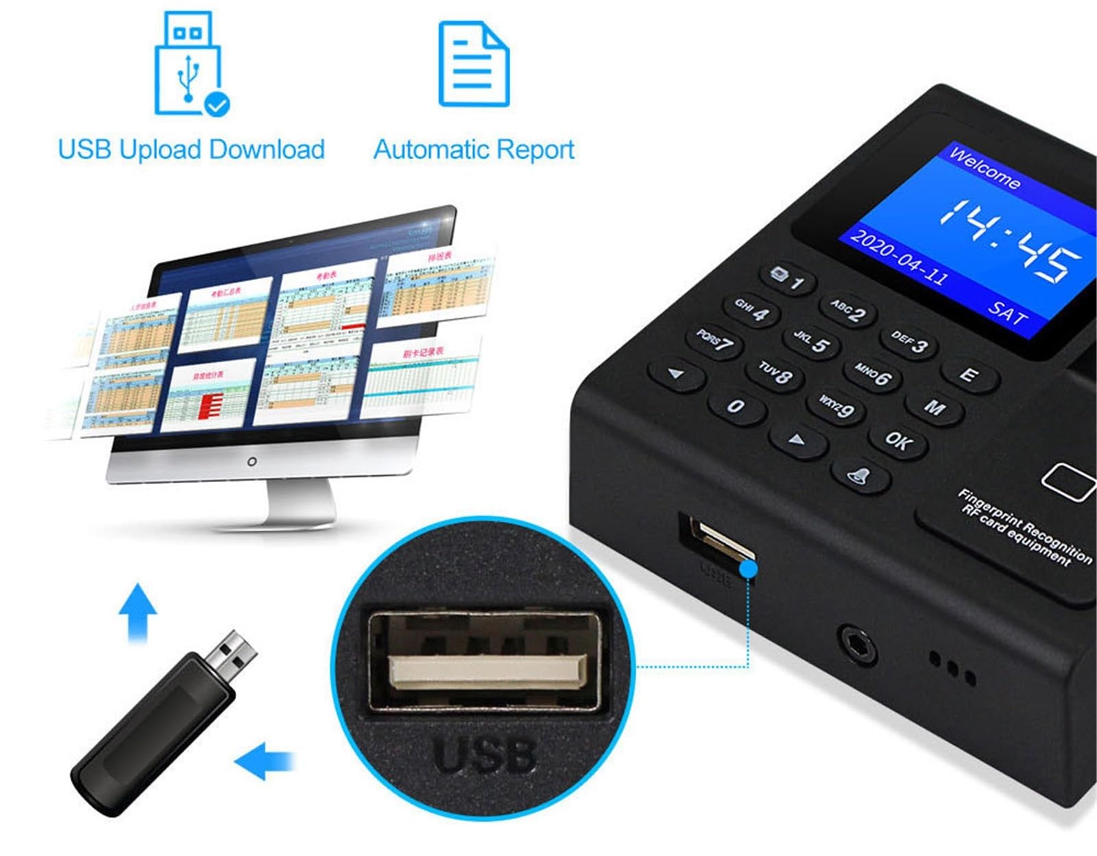 Macchina per la rilevazione, Orologio, Controllo Presenze, Macchina F30 Con Impronta Digitale, Tastiera, Accesso Per Impiegati, Elettrico,uffici, fabbriche
