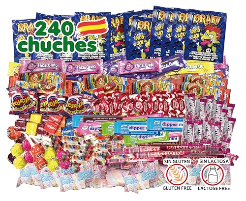240 Chuches, chupachups e gomas fabricadas em Espanha, ideais para o enchimento de ananás aniversário infantil, festas, Natal, Halloween - Sugus, Kojak, rebuçados, golosinas - sem glúten, sem lactose