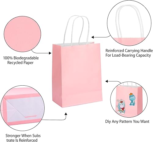 Miniatura 3 de Paquete de 100 bolsas de regalo rosas de 10.5 x 8.5 x 4.5 pulgadas, bolsas de papel con asas, bolsas de papel, bolsa de regalo de cumpleaños, bolsas