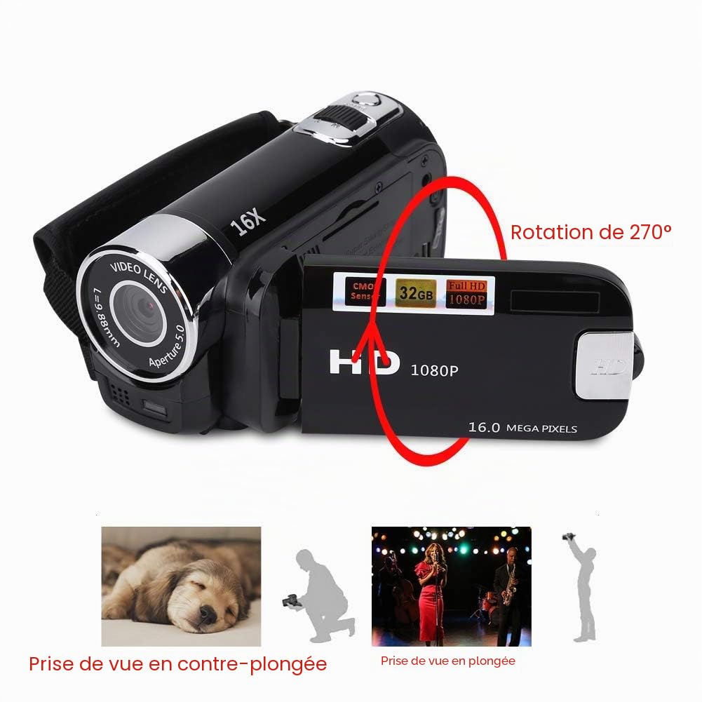 Ejoyous Caméscope Numérique Full HD 16X, Appareil Photo Vintage avec Écran Rotatif 270 Degrés, Vidéo et Photographie, Écran 2,7 Pouces
