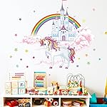 Esmee Wall StickersWatercolor Cartoon Clouds Castle White Horse Kindergarten Scene Layout Wall Decals Suitable for Children\'s Bedrooms, Bathrooms, Living Rooms(Peel and Stick Wall Decals)