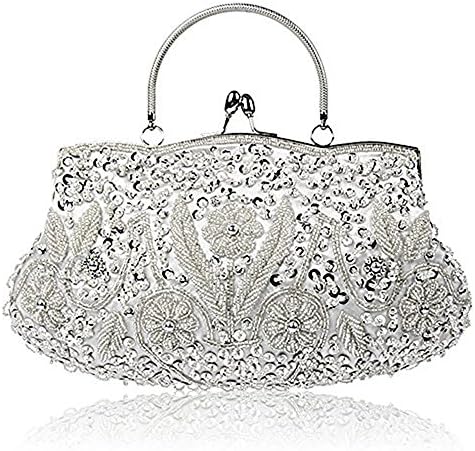 Tmore Beaded Sequin Design Flower Evening Purse Large Clutch Bag (Silver)