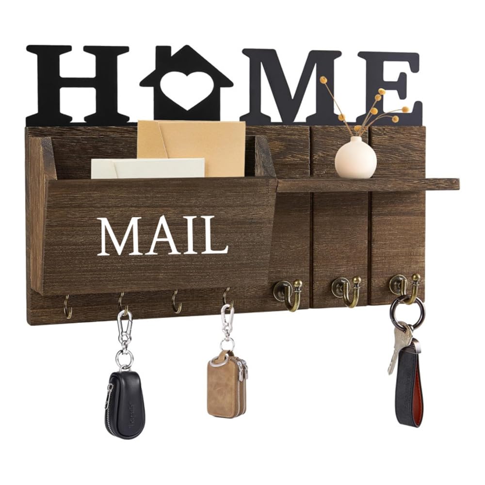 Niciksty Key and Mail Holder for Wall, Farmhouse Mail and Key Organizer, Wood Mail Sorter with 7 Key Hooks for Doorway Entryway Hallway, Brown