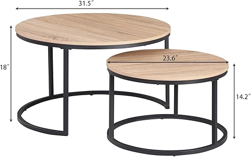 Miniatura 2 de CENSI Juego de 2 mesas de centro redondas anidadas, madera de roble natural de 31.5 pulgadas y marco de metal, modernas mesas centrales apilables