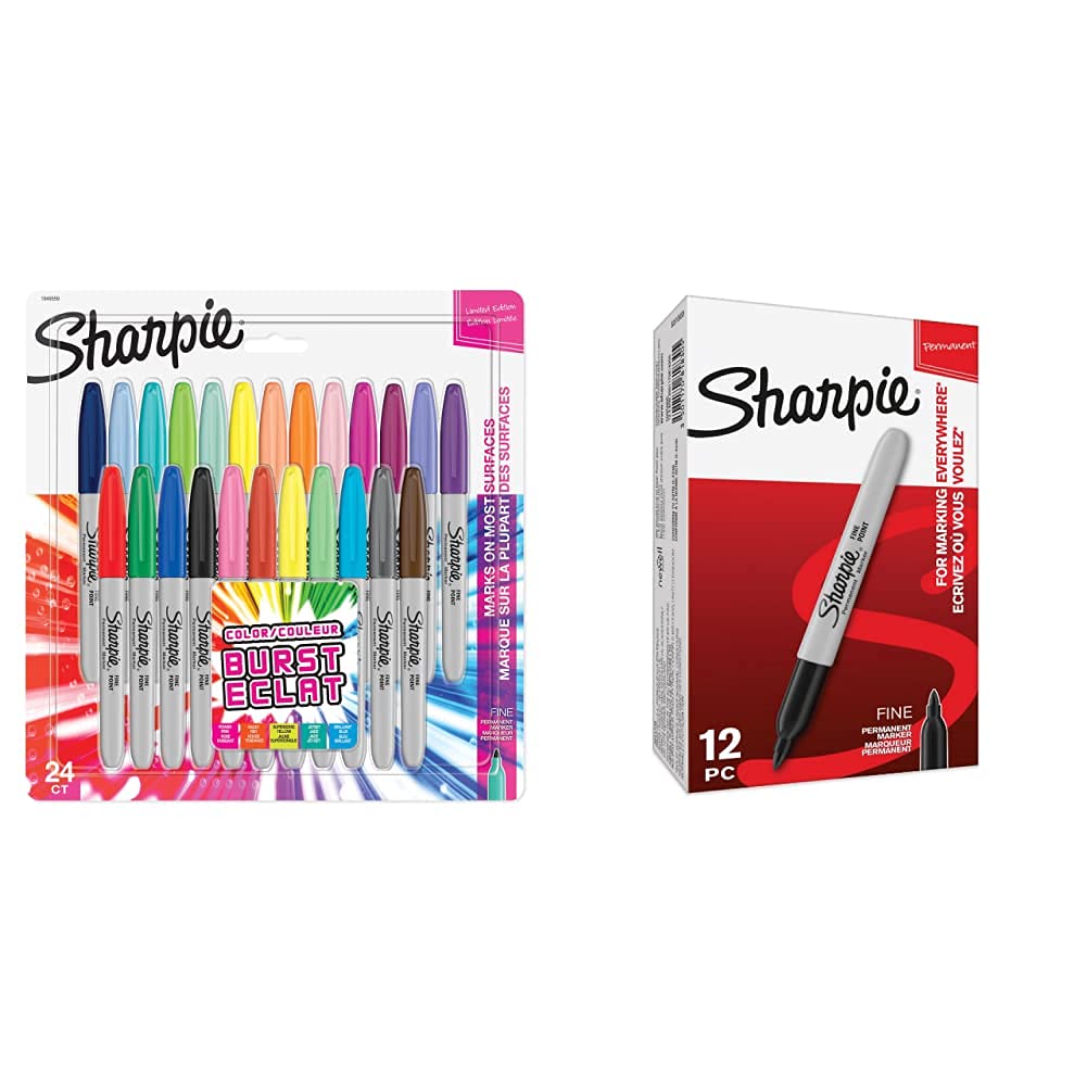 Sharpie marqueurs indélébiles | pointe fine | assortiment de couleurs eclat à encre permanente | Lot de 24 & marqueurs indélébiles | pointe fine | encre noir permanent | Boîte de 12