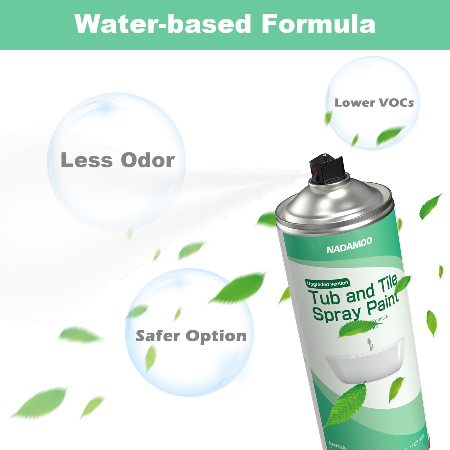 NADAMOO Water-Based Tub and Tile Spray Paint, Less Irritating Odor Aerosol Refinishing Paint for Bathroom Porcelain Bathtub Sink, 2 Cans, Semi-Gloss White