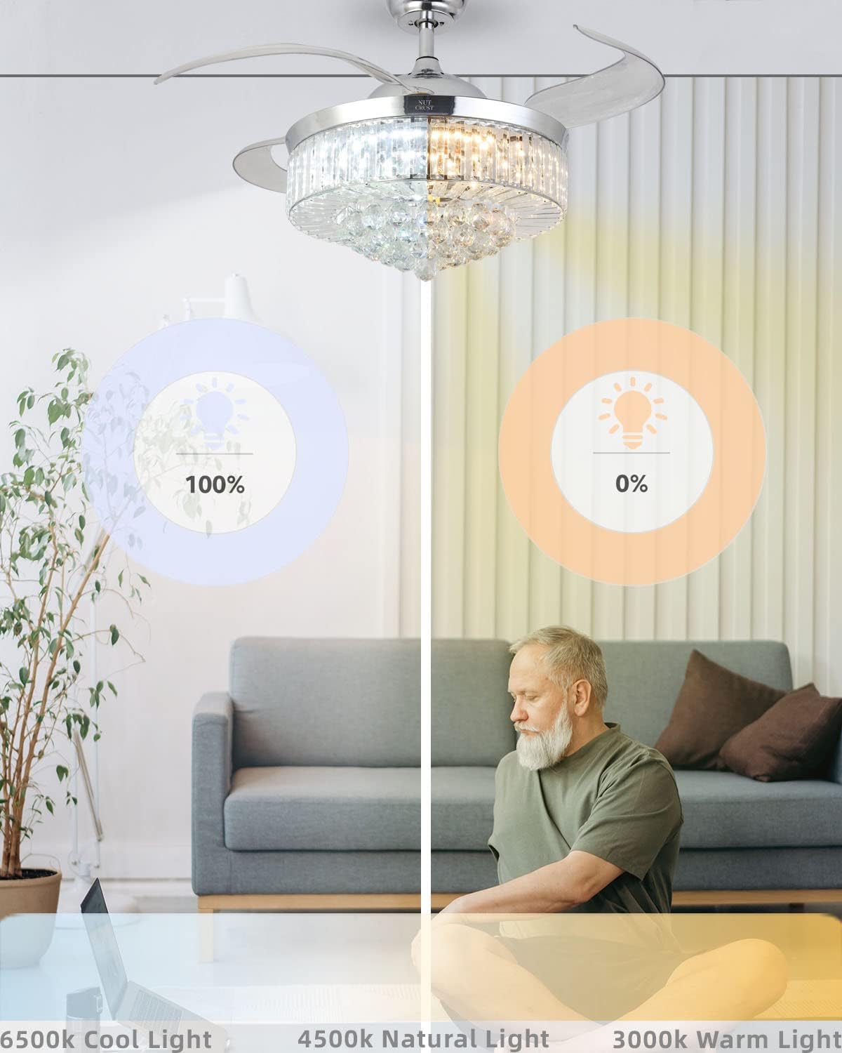 Featured Product NUTCRUST Retractable Crystal Ceiling Fan, 3 Light Change LED Silent Fan Chandelier with Remote Control, Modern Invisible Ceiling Fan with Light 36W 42 Inch