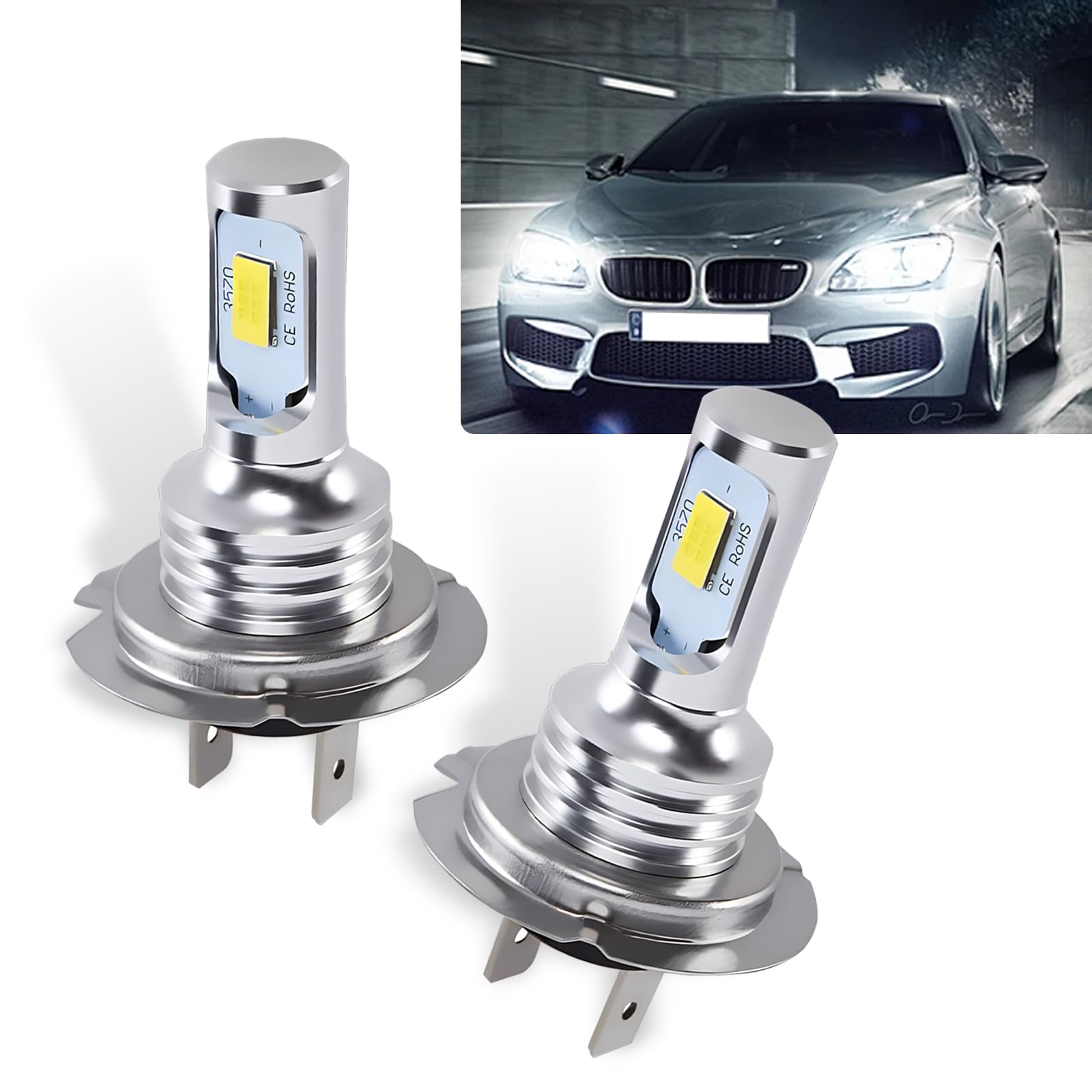 Pack-2 Car H7 LED Fog Light, 3570 2SMD 360 Degree High Brightness Wide Angle Lighting Driving Light, Plug and Play Alloy Lamp Body Long Life Bulb Replacement, Universal for Cars (White)