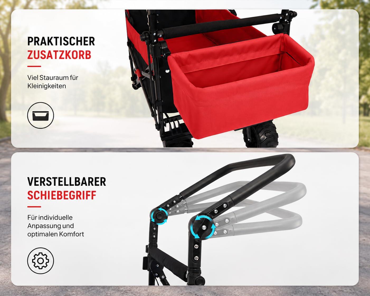 SAMAX Bollerwagen mit Dach Faltbar - Handwagen Transportwagen Gerätewagen Faltwagen - klappbar mit Bremse und Hecktasche - für alle Offroad Gelände geeignet - Schwarz/Rot