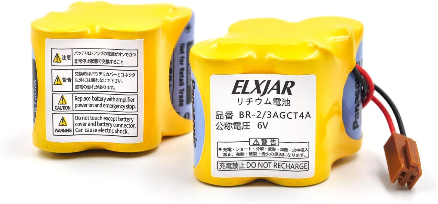 elxjar (2-Pack) BR-2/3AGCT4A 6V 4400mAh Replacement Battery for Panasonic FANUC Controls, PLC Computer Ge Fanuc 18T Series, A98L-0031-0025, CUSTOM-107, SHS749, ALIT0138, LIT0138 (Brown Connector)