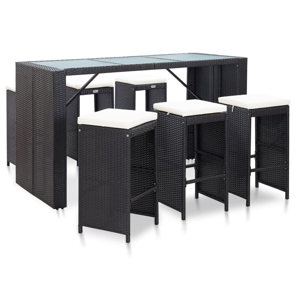 vidaXL Mobile da bar da giardino 7 pezzi e cuscini in resina intrecciata nera
