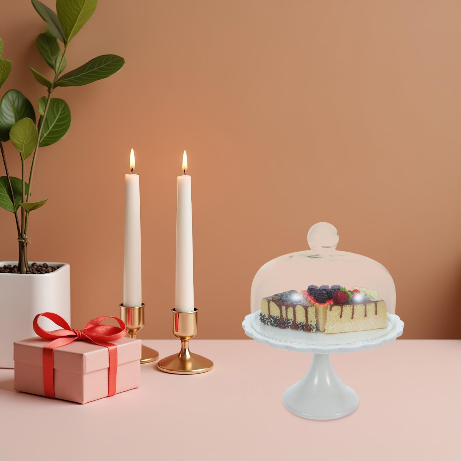 Vassoio da Portata in Ceramica Coperchio in Vetro Spesso, Piatto per Esposizione Torte Manico Arrotondato, Copertura Alimentare Antipolvere per Dessert e Snack, per Uso Domestico