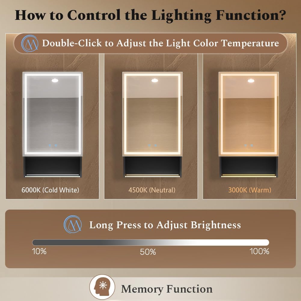 20"×34" Lighted Medicine Mirror Cabinet with Storage Adjustable Brightness 3 Color Temperature Lighting Anti-Fog Sturdy Aluminum Medicine Cabinet with Lights 2 Socket & 2 USB Ports & Adjustable Shelf