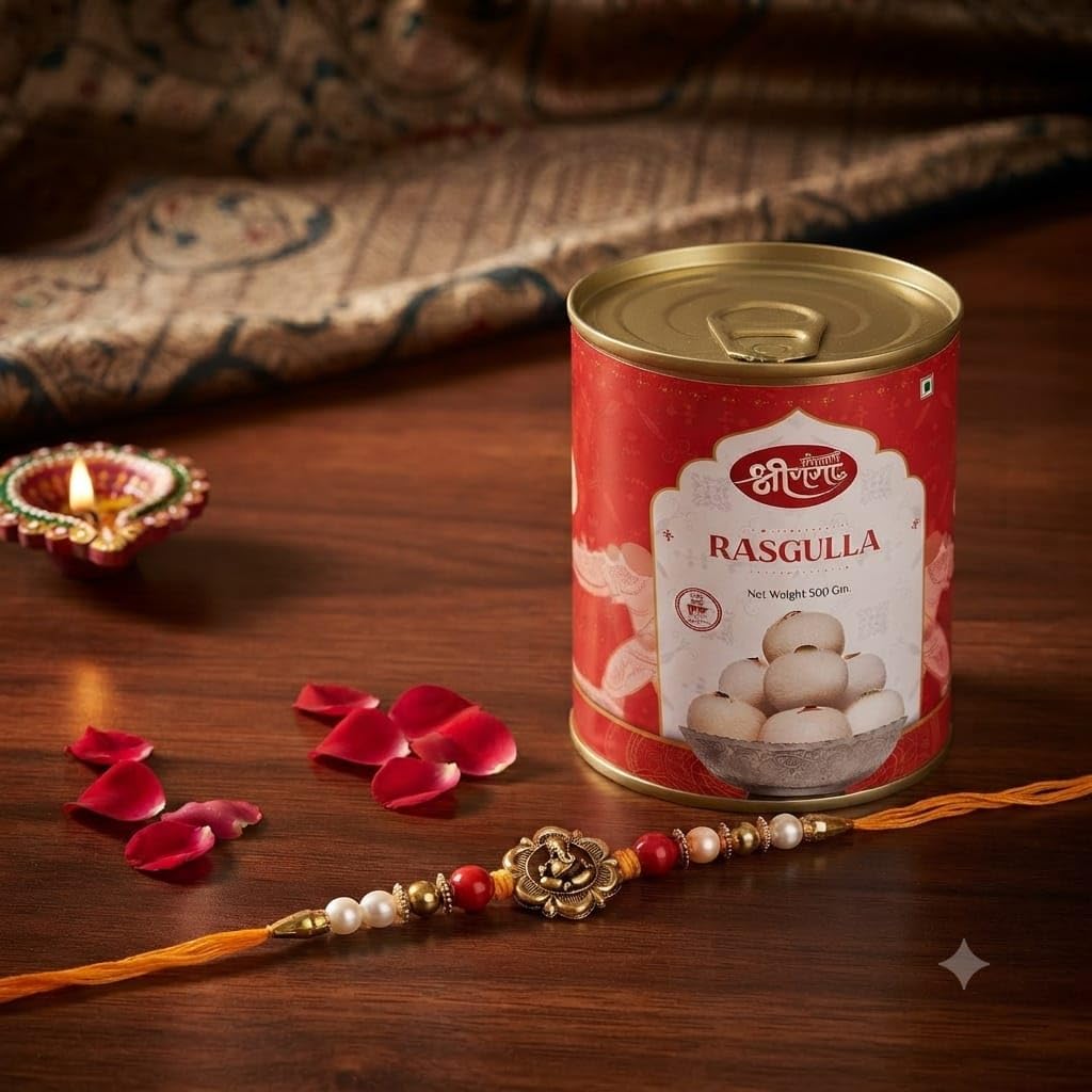 Bikaneri Shree Ganga Rasgulla 500g with Ganpati Rakhi, Pack of 2, Raksha Bandhan Sweet Combo for Brother, Traditional Indian Mithai Gift-image-45