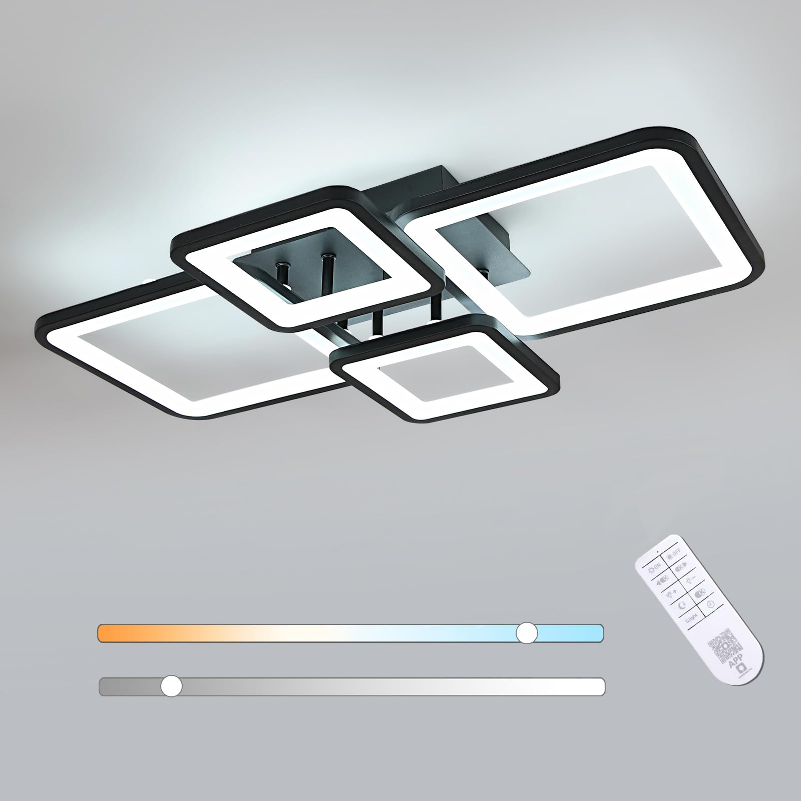 Toolight Lámpara de Techo Salon LED Rectangular, 54W Plafon Led Techo Negro Regulable con Mando a Distancia 3000K-6500K, Luz de Techo para Salón Dormitorio, 62CM