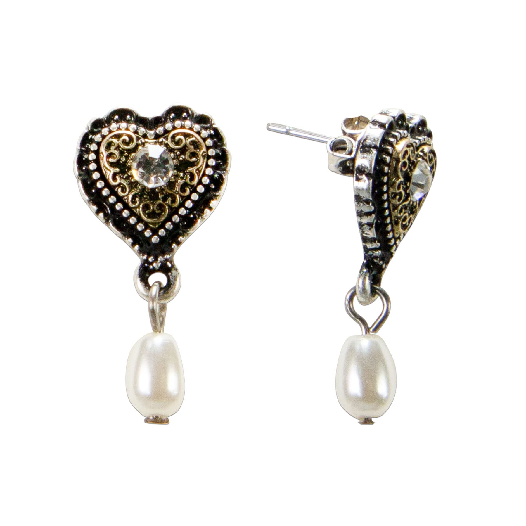 Alpenflüstern Trachten-Ohrstecker Trachtenherz mit Tropfenperle - Damen-Trachtenschmuck, Trachten-Ohrringe mit Strass-Steinen (bi-color-farben) DOR061