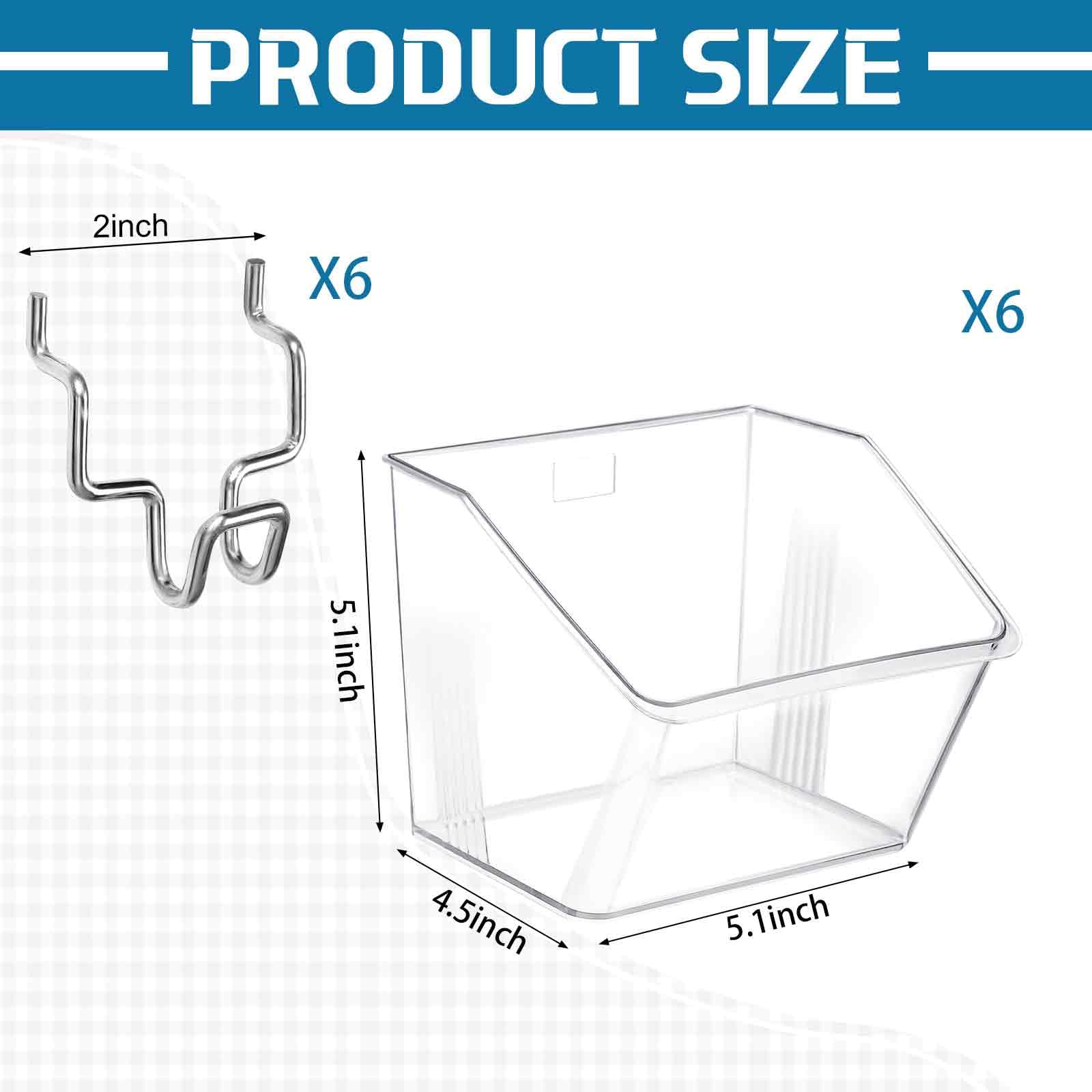 Layhit 6 Set Slatwall Bins Clear Plastic Bins with Slatwall Metal Hooks Mount Hanging Slatwall Containers Storage Organizer Slat Wall Accessories for Craft Garage Tool Storage Room Panel